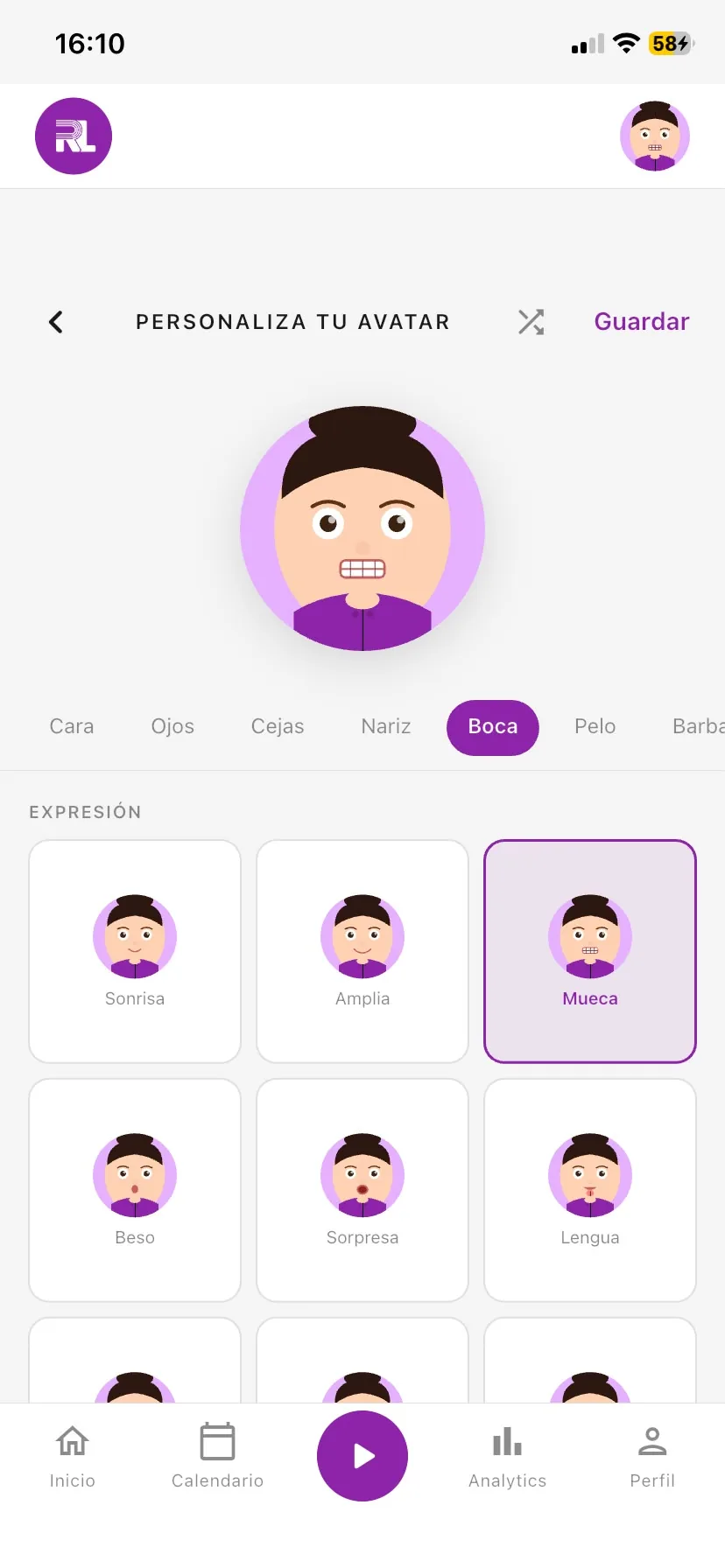 Personalizador de avatar de Running Laps: pestañas de cara, ojos, cejas, nariz, boca, pelo y barba, con opciones de expresión