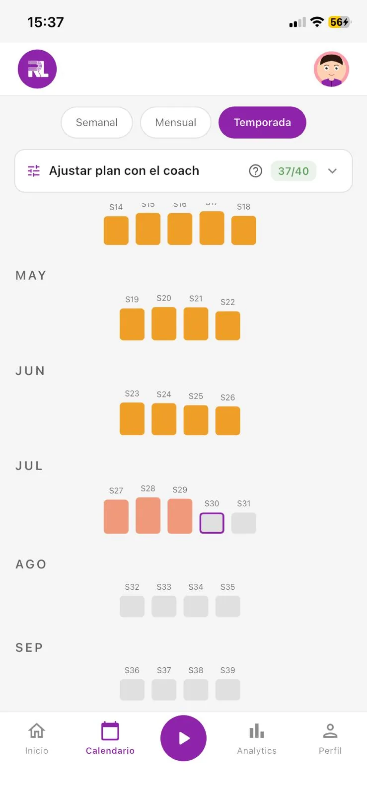 Calendario de temporada con la carga de cada semana coloreada, de suave a pico