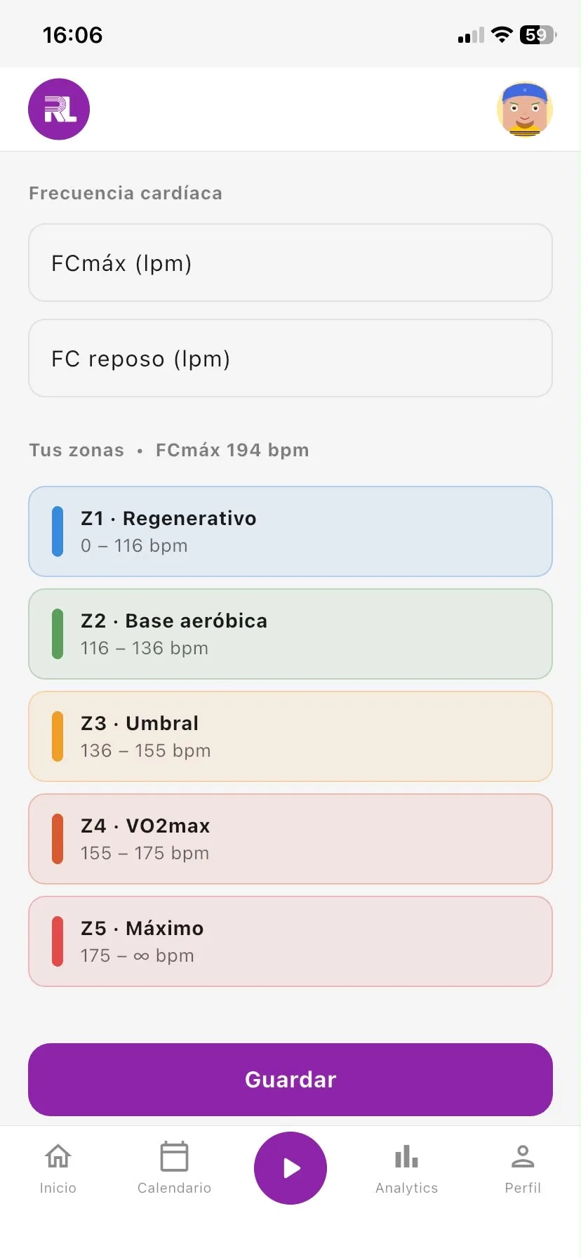 Cinco zonas de frecuencia cardíaca personalizadas según FC máxima